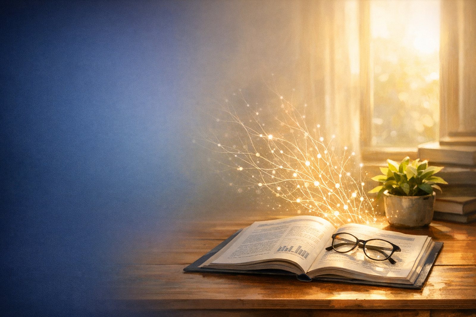 An open research journal and reading glasses on a sunlit desk, with glowing lines of light rising from the pages