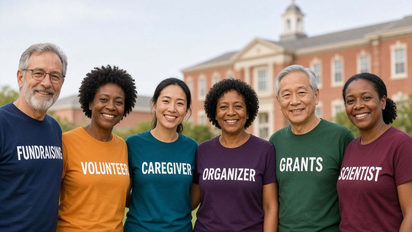 Six smiling volunteers of different backgrounds in t-shirts that read Fundraising, Volunteer, Caregiver, Organizer, Grants and Scientist