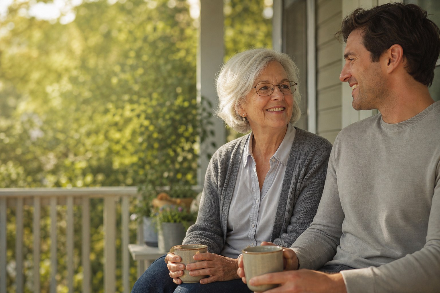 An older mother and her adult son together on a porch