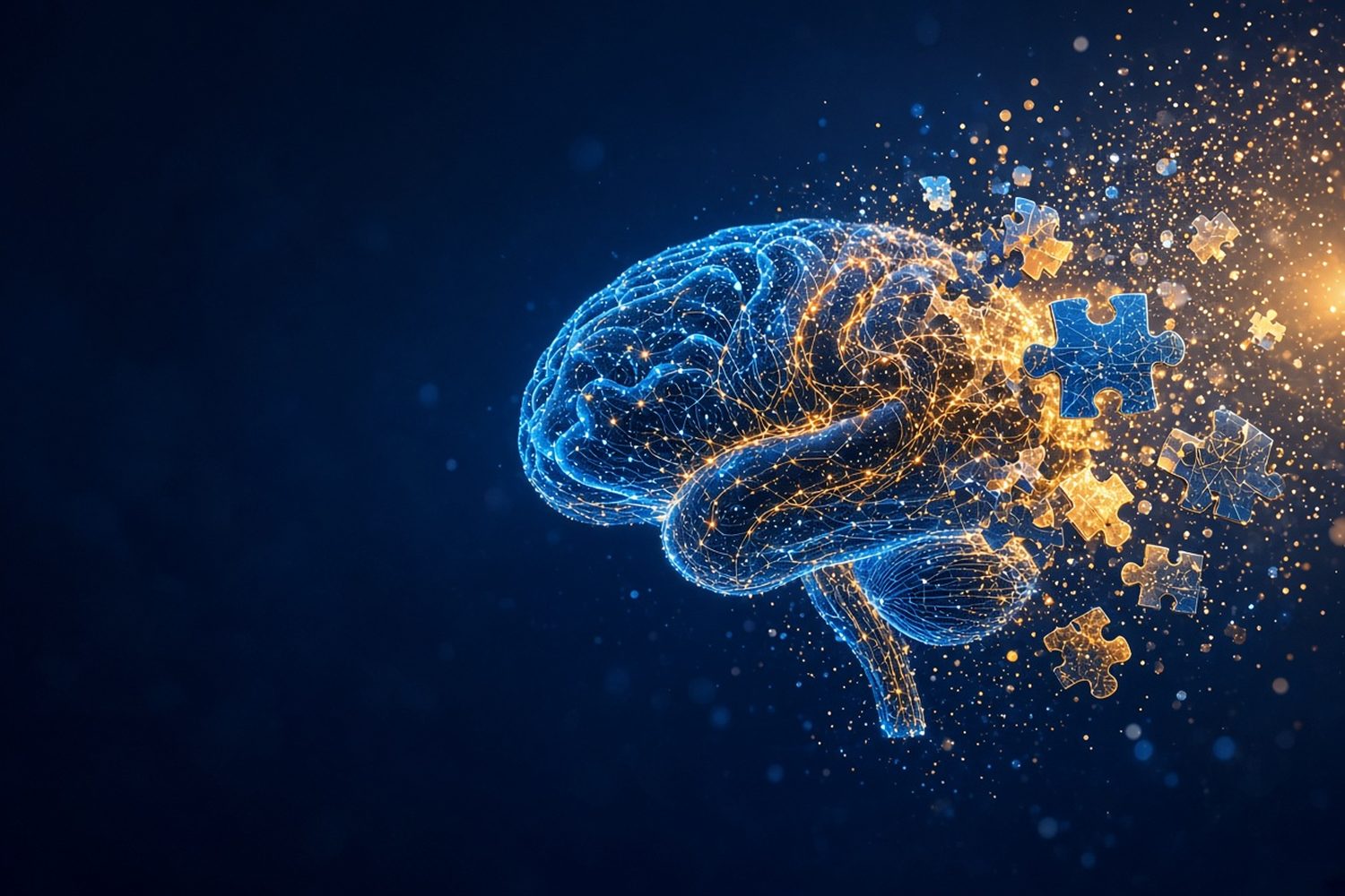 A glowing digital brain breaking apart into puzzle pieces