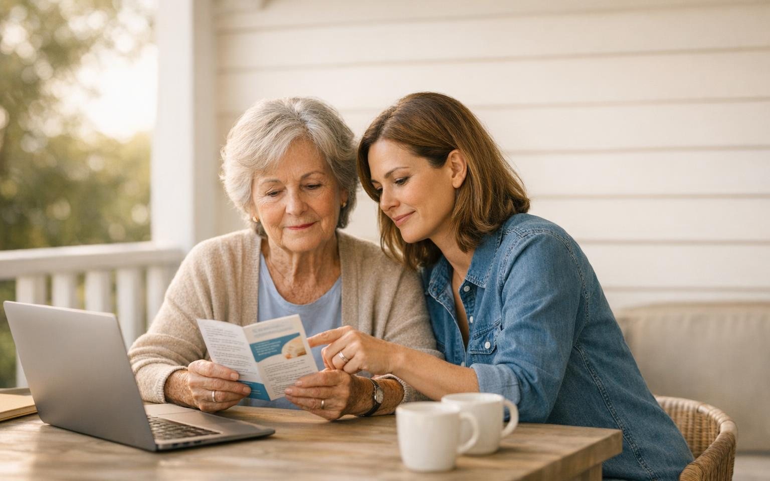 A mother and daughter reading a health leaflet together on a porch